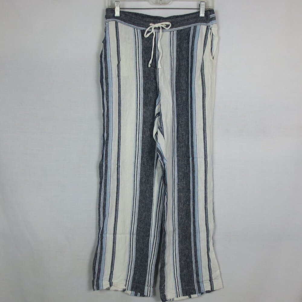 Jenna Rose Pants Blue White Linen Blend Striped High Rise Cropped Loose Size M